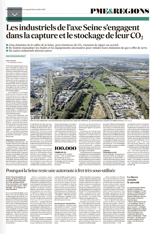 Lu dans Les Echos : Les industriels de l'axe Seine s'engagent dans la capture et le stockage de leur CO2
